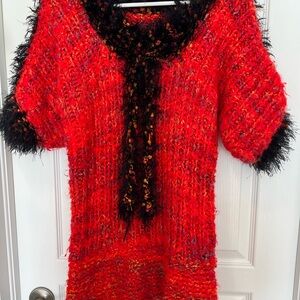 Handmade Red Black Chunky-Knit Pullover Sweater Tunic Artisinal  Women’s M/L